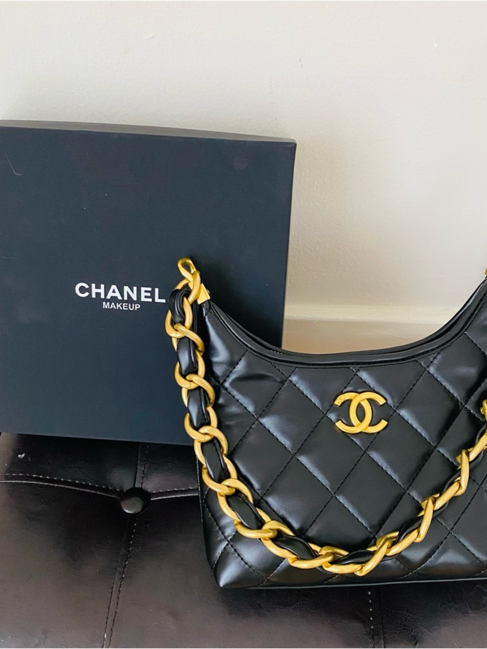 New in Box Chanel Makeup GWP Black Quilted Faux Leather 24A Hobo Shoulder Bag